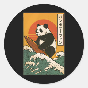 Adesivo Redondo Panda Surfando Onda Japonesa Grande Onda _7