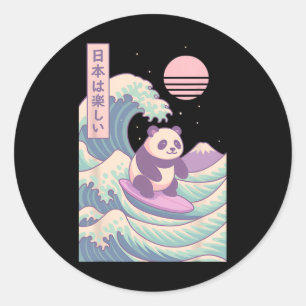 Adesivo Redondo Panda Surfando Onda Japonesa Japão