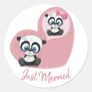 Adesivo Redondo Panda Urso de Pelúcia Coração Casamento Rosa Recém