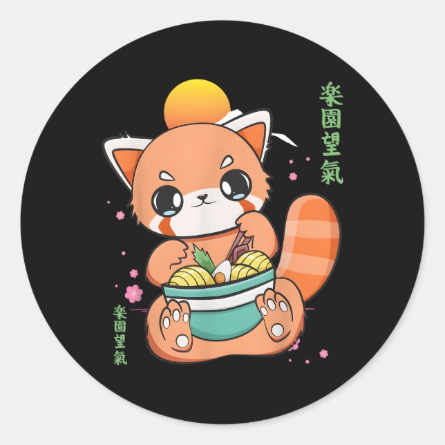 Adesivo Redondo Panda Vermelha Chinesa Comendo Ra I Ama Ra Noodles (Frente)