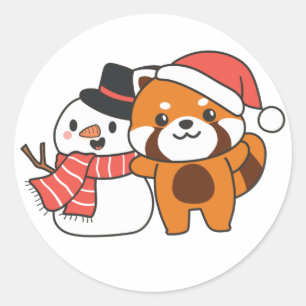 Adesivo Redondo Panda Vermelha Com Snowman No Inverno Para A Cla D