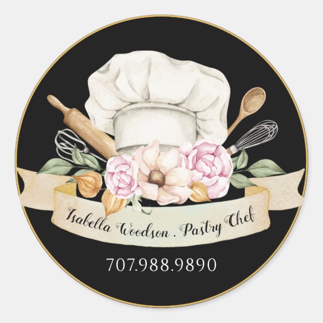 Adesivo Redondo Paneleiras de pastelaria Ferramentas Rotinas Preta (Frente)