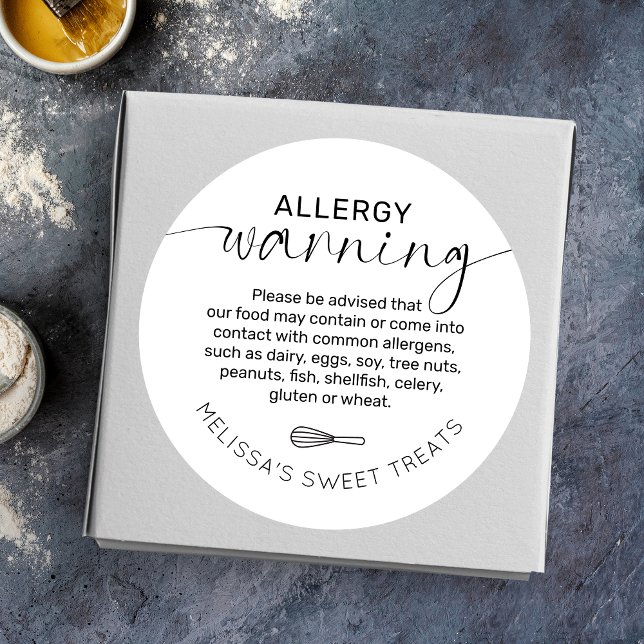 Adesivo Redondo Panificação de Alerta de Alergia à Segurança Mínim (Minimalist allergy alert bakery stickers with space for your business name)