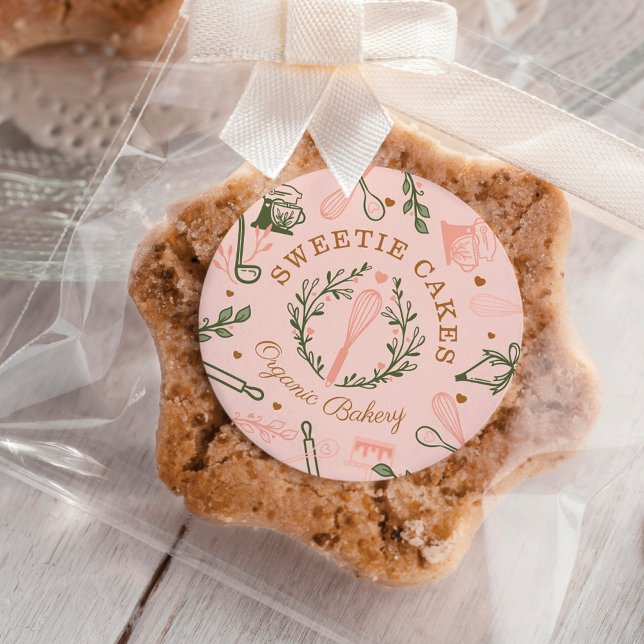 Adesivo Redondo Panificação de Utensílios Rosa e Verde Azeitona (Criador carregado)