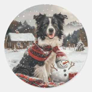 Adesivo Redondo Pano Collie Dog Snowman na fronteira de Natal