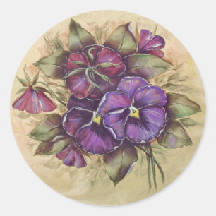 Adesivo Redondo Pansies roxos pintados mão