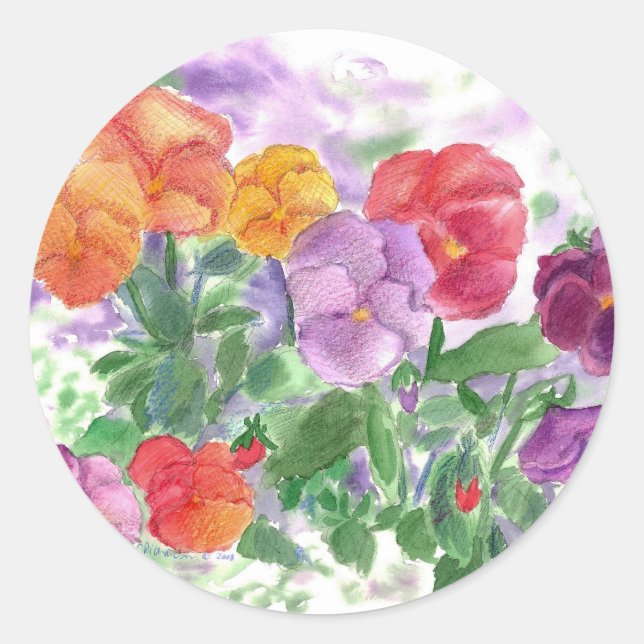 Adesivo Redondo Pansy Watercolor Flowers Rainbow Colors (Frente)