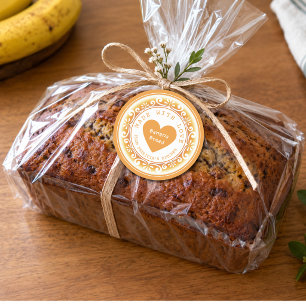 Adesivo Redondo Pão de Banana Caseiro Feito Com Amor Amarelo Laran