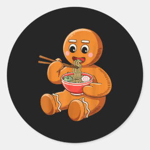 Adesivo Redondo Pão de gengibre comendo Ramen Natal engraçado japo