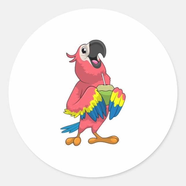 Adesivo Redondo Papagaio e coco com palha de Bebendo (Frente)