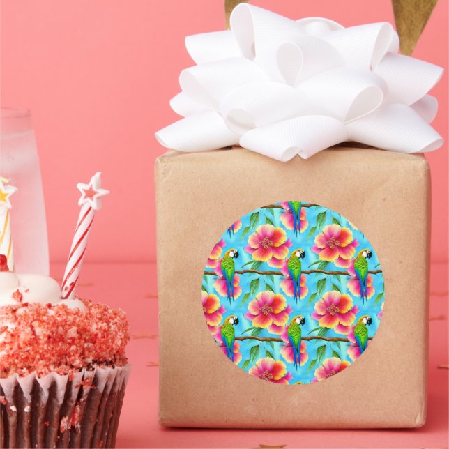 Adesivo Redondo Papagaio Tropical e Padrão Flor (Festa)