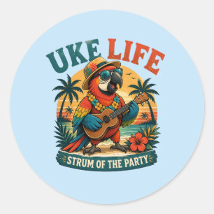 Adesivo Redondo Papagaio Uke Life – Vibrações da Ilha Ukulele Bird