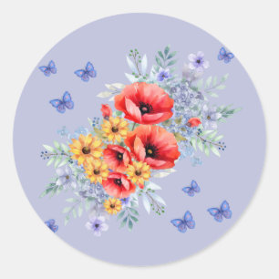Adesivo Redondo Papagaios Vermelhos, Girassóis e Borboletas