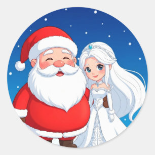 Adesivo Redondo Papai Noel Abraçando uma Rainha da Neve