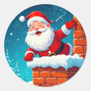 Adesivo Redondo Papai Noel Acenando Alegremente na Chaminé
