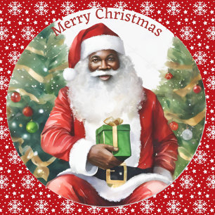 Adesivo Redondo Papai Noel Afro-Americano Natal Aquarela