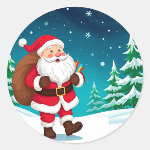 Adesivo Redondo Papai Noel andando alegremente em um inverno nevad