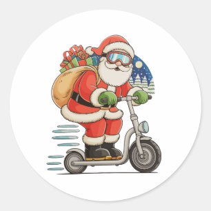 Adesivo Redondo Papai Noel Andando de Scooter Natal Família Combin
