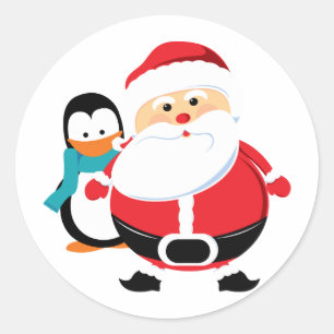 Adesivo Redondo Papai Noel bonito e pinguim