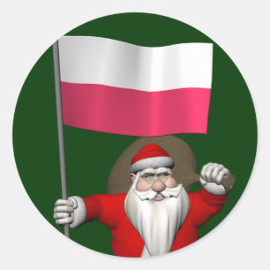 Adesivo Redondo Papai Noel Com Bandeira Da Polônia