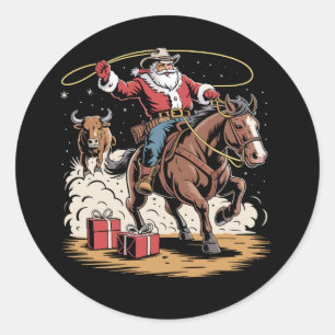 Adesivo Redondo Papai Noel Cowboy Natal Vintage Cavalo Vaca 