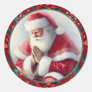 Adesivo Redondo Papai Noel de Natal Católico com Rosário Poinsetti