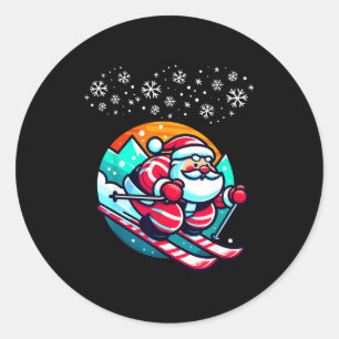 Adesivo Redondo Papai Noel de Natal esquia na encosta cabana de es