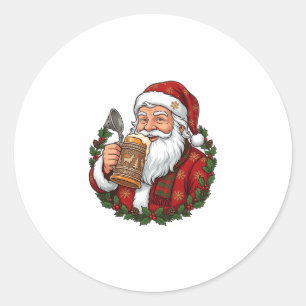 Adesivo Redondo Papai Noel de Natal segurando copo de cerveja