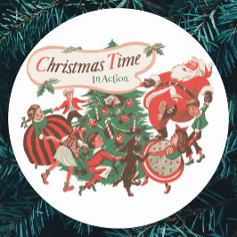 Adesivo Redondo Papai Noel de Natal Vintage e Crianças Dançando