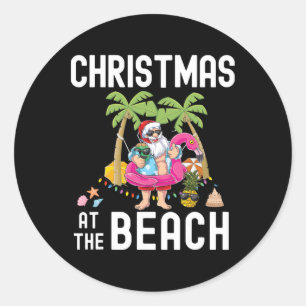 Adesivo Redondo Papai Noel de Palmeira Surfa Natal de Verão na Pra