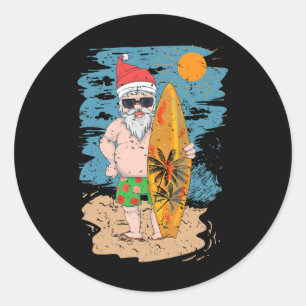 Adesivo Redondo Papai Noel de Surfe na Praia Verão Engraçado Havaí