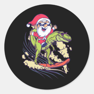 Adesivo Redondo Papai Noel Dinossauro Surfando T-rex Dino Verão Na