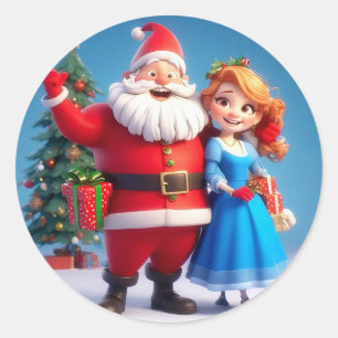 Adesivo Redondo Papai Noel e a Donzela de Neve Celebrando o Natal