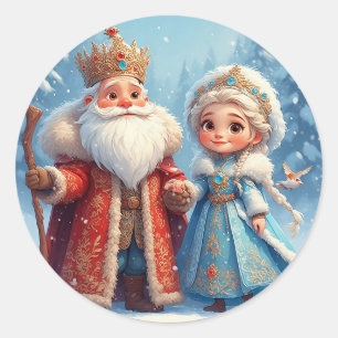 Adesivo Redondo Papai Noel e Donzela de Neve Celebrando o Natal