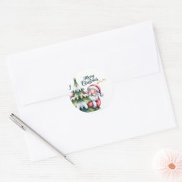 Adesivo Redondo Papai Noel Engraçado e Fofo com Árvore e Tipografi