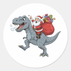 Adesivo Redondo Papai Noel Engraçado Montado em um Dinossauro T Re