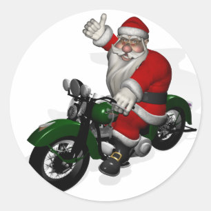 Adesivo Redondo Papai Noel engraçado numa velha moto verde
