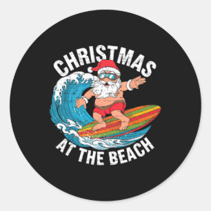 Adesivo Redondo Papai Noel engraçado surfando Natal em julho Xmas