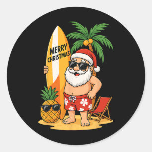 Adesivo Redondo Papai Noel Engraçado Surfando Praia de Verão Natal