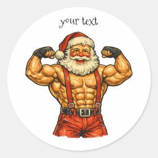 Adesivo Redondo Papai Noel Fisiculturista Natal Antigo Engraçado
