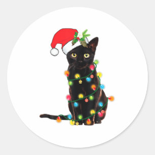 Adesivo Redondo Papai Noel Gato Preto Enroscado Em Luzes De Natal