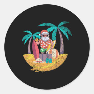 Adesivo Redondo Papai Noel Havaiano Natal Tropical de Verão Surfan