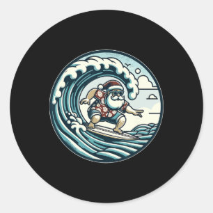 Adesivo Redondo Papai Noel Havaiano Surfando Natal Aloha Trópico