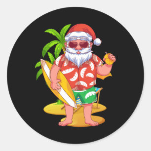 Adesivo Redondo Papai Noel havaiano surfando verão tropical Natal