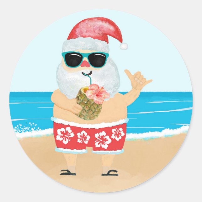 Adesivo Redondo Papai Noel Havaiano Tropical na Praia Aloha (Frente)