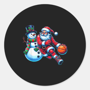 Adesivo Redondo Papai Noel Jogando Basquete Com Um Boneco de Neve