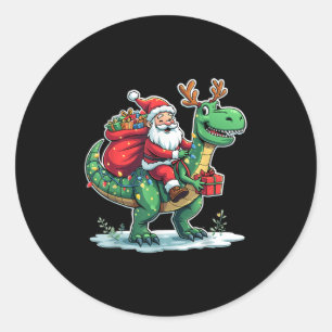 Adesivo Redondo Papai Noel Montado em Dinossauro T Rex Luzes de Na