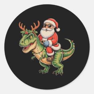 Adesivo Redondo Papai Noel Montando Dinossauro T Rex Natal Retrô