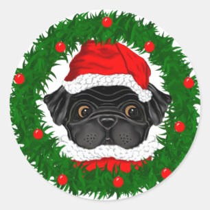 Adesivo Redondo Papai noel preto do Pug