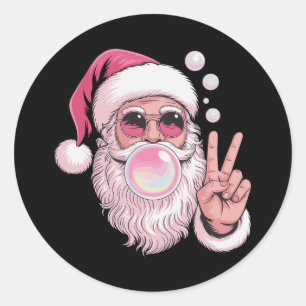 Adesivo Redondo Papai Noel Rosa Soprando Chiclete de Natal Natal F